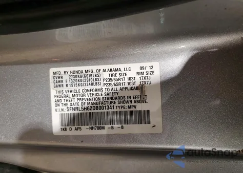 2013 Honda Odyssey Exl from USA, damaged, VIN 5FNRL5H62DB001341